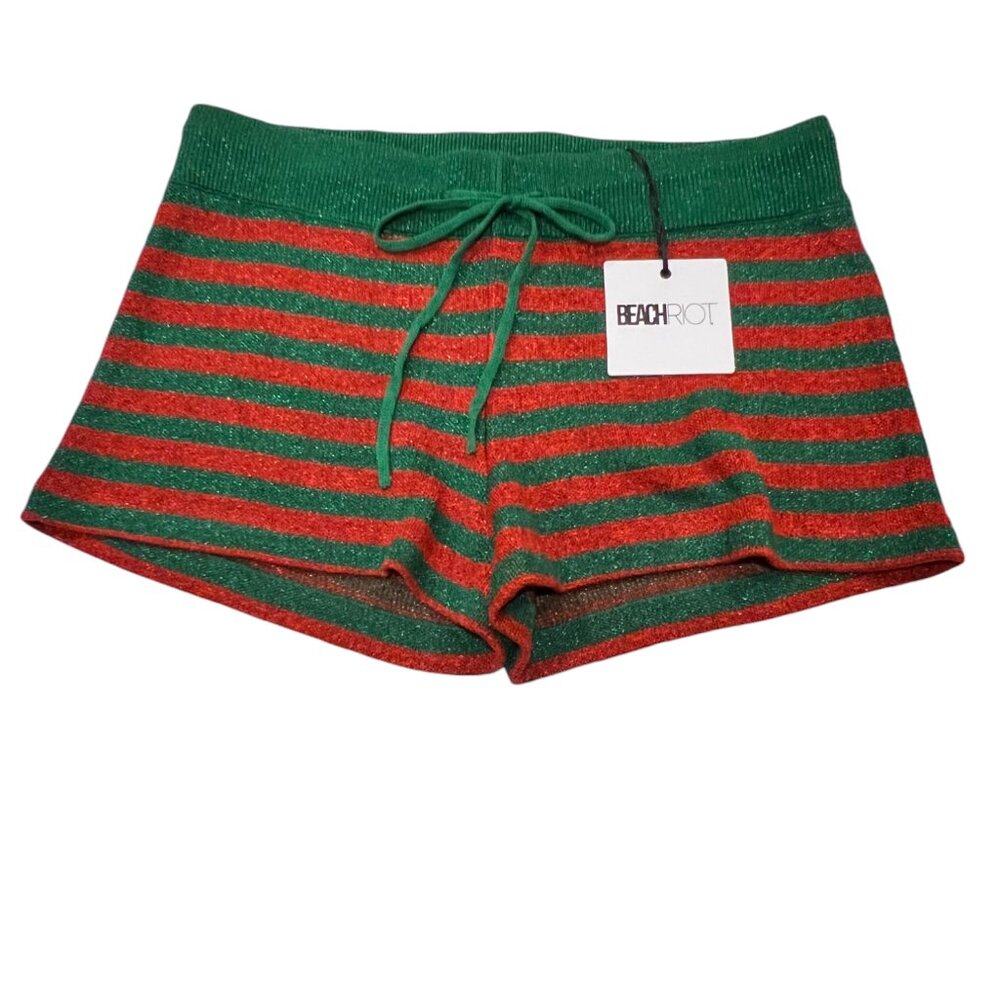 Beach Riot Balboa Holiday Stripe Drawstring Shorts, NWT, Green Red, M
